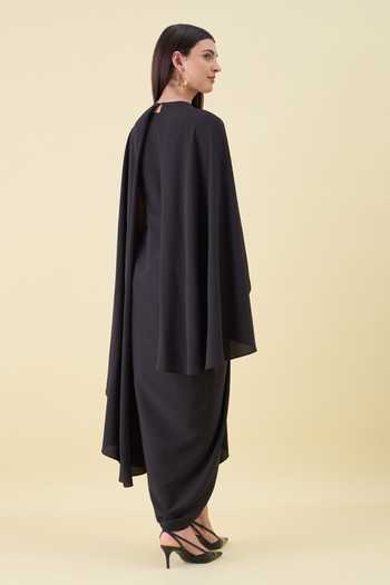 Shop_Aakaar_Black Crepe Boat Neck Crystal Applique Moss Dress _at_Aza_Fashions