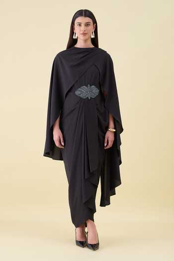 Buy_Aakaar_Black Crepe Boat Neck Crystal Applique Moss Dress _at_Aza_Fashions