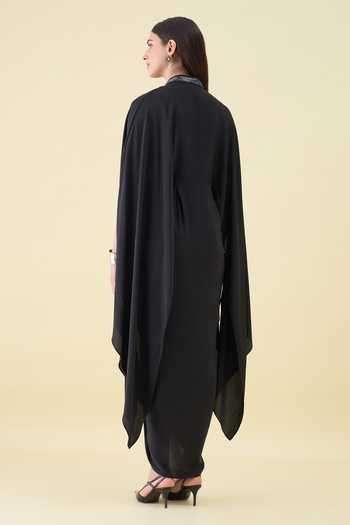 Shop_Aakaar_Black Silk, Crepe V-neck Maxi Draped Dress _at_Aza_Fashions