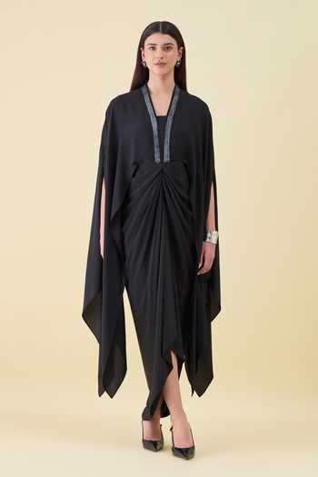 Buy_Aakaar_Black Silk, Crepe V-neck Maxi Draped Dress _at_Aza_Fashions