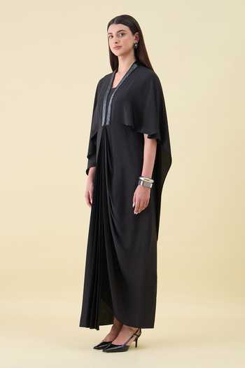Buy_Aakaar_Black Silk, Crepe V-neck Metallic Embellishment Dress _Online_at_Aza_Fashions