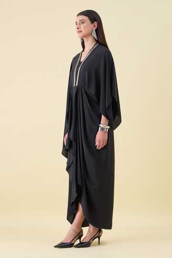 Buy_Aakaar_Black Silk, Crepe V-neck Metallic Embellished Dress _Online_at_Aza_Fashions