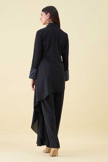Shop_Aakaar_Black Crepe Crystal Applique Moss Blazer And Pant Set _at_Aza_Fashions