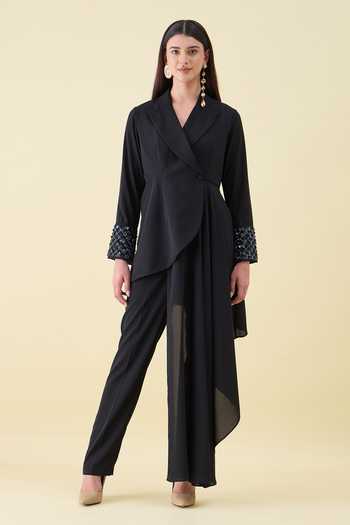 Buy_Aakaar_Black Crepe Crystal Applique Moss Blazer And Pant Set _at_Aza_Fashions