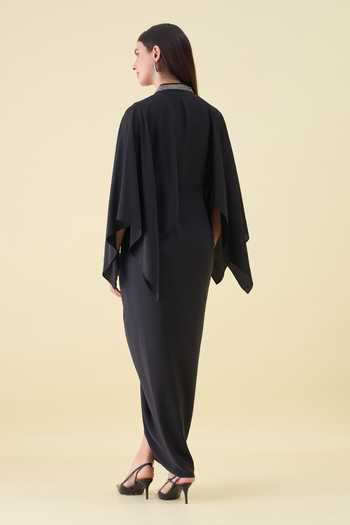 Shop_Aakaar_Black Silk, Crepe V-neck Metallic Embellished Dress _at_Aza_Fashions