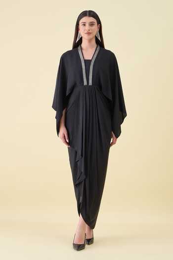 Buy_Aakaar_Black Silk, Crepe V-neck Metallic Embellished Dress _at_Aza_Fashions