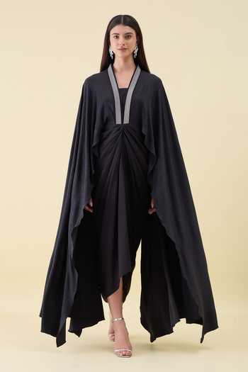 Buy_Aakaar_Black Crepe V-neck Moss Draped Maxi Dress _at_Aza_Fashions