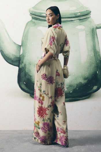 Shop_EASE_Ivory Floral Print Organza Silk Jumpsuit And Belt _at_Aza_Fashions