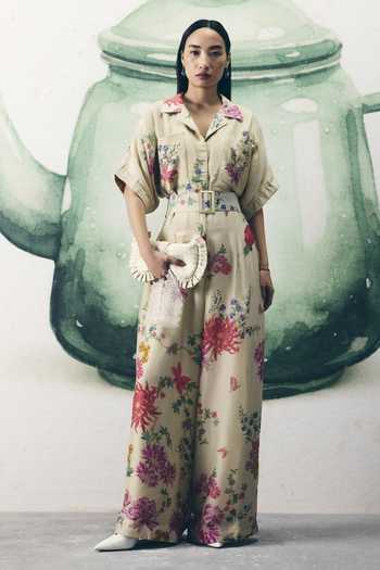 Buy_EASE_Ivory Floral Print Organza Silk Jumpsuit And Belt _at_Aza_Fashions