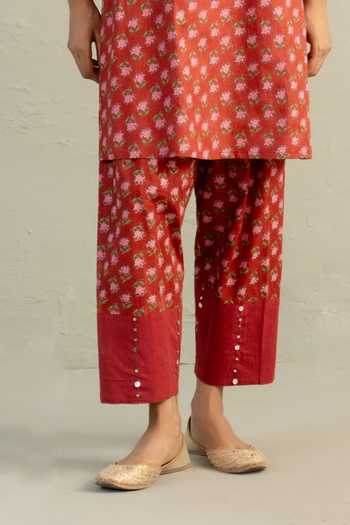 Shop_Charkhee_Red Cotton Round Neck Phool Dori Short Kurta And Salwar Set _Online_at_Aza_Fashions