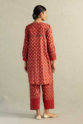 Shop_Charkhee_Red Cotton Round Neck Phool Dori Short Kurta And Salwar Set _at_Aza_Fashions
