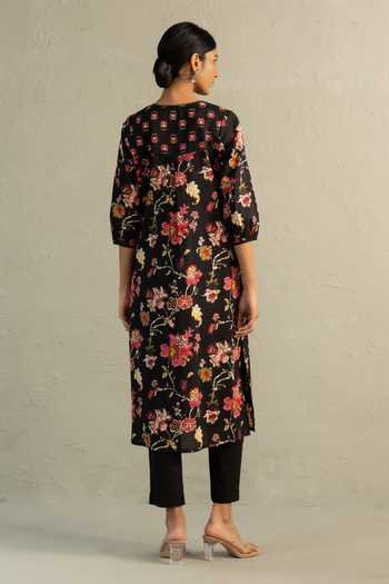 Shop_Charkhee_Black Cotton, Chanderi Split V-neck, Yes Phool Print Kurta Set _at_Aza_Fashions