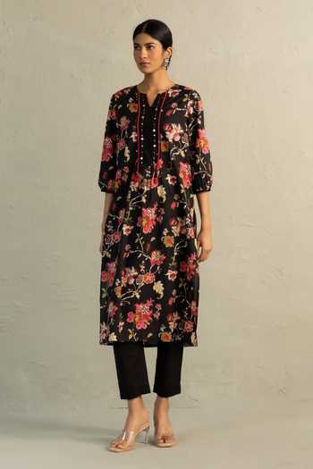 Shop_Charkhee_Black Cotton, Chanderi Split V-neck, Yes Phool Print Kurta Set 