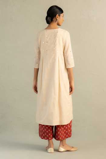 Shop_Charkhee_Beige Chanderi, Cotton Split V-neck Phool Dori Embroidered Pleated Kurta Set _at_Aza_Fashions