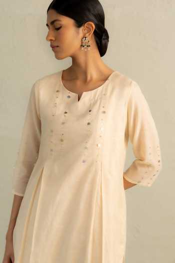 Shop_Charkhee_Beige Chanderi, Cotton Split V-neck Phool Dori Embroidered Pleated Kurta Set 