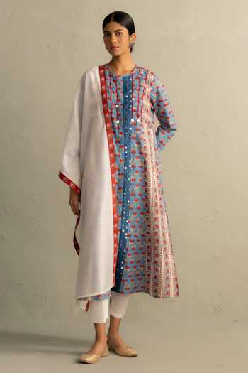 Buy_Charkhee_Blue Cotton, Chanderi Round Neck Hand Block Print Kurta Set _at_Aza_Fashions