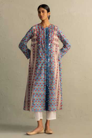 Buy_Charkhee_Blue Cotton Round Neck, Yes Hand Block Print Kurta And Pant Set _at_Aza_Fashions