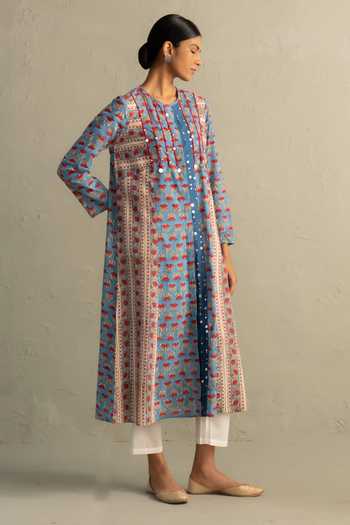 Buy_Charkhee_Blue Cotton Round Neck, Yes Hand Block Print Kurta And Pant Set _Online_at_Aza_Fashions
