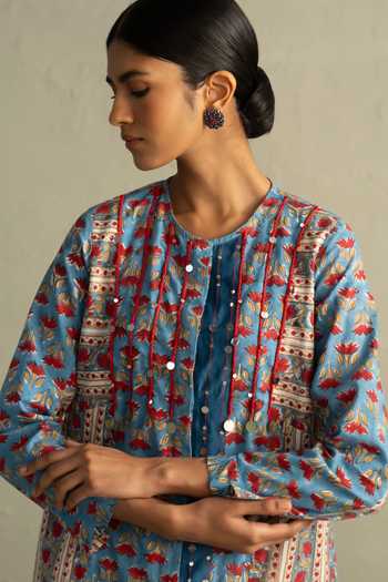 Shop_Charkhee_Blue Cotton Round Neck, Yes Hand Block Print Kurta And Pant Set _Online_at_Aza_Fashions