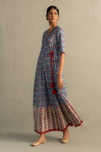 Charkhee_Blue Cotton V-neck Hand Block Print Dress _Online_at_Aza_Fashions