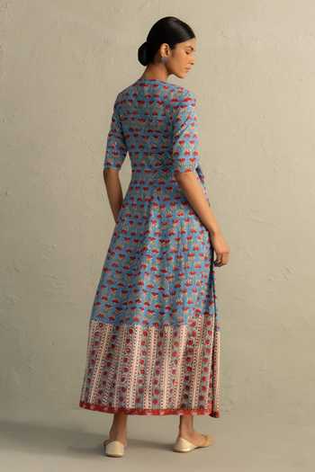 Shop_Charkhee_Blue Cotton V-neck Hand Block Print Dress _Online_at_Aza_Fashions