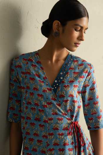 Charkhee_Blue Cotton V-neck Hand Block Print Dress _at_Aza_Fashions