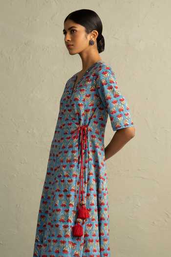 Buy_Charkhee_Blue Cotton V-neck Hand Block Print Dress 
