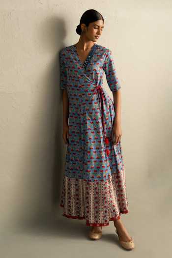 Shop_Charkhee_Blue Cotton V-neck Hand Block Print Dress 