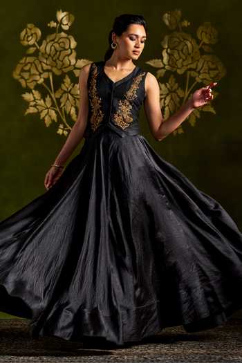 Shop_Almaari By Pooja Patel_Black Tussar, Silk Rohini Antique Embroidered Coat And Lehenga Set _at_Aza_Fashions