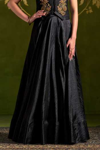 Shop_Almaari By Pooja Patel_Black Tussar, Silk Rohini Antique Embroidered Coat And Lehenga Set _Online_at_Aza_Fashions