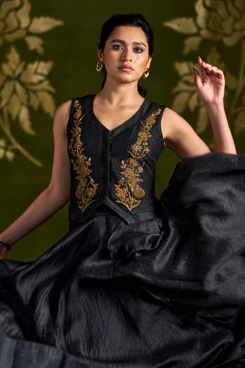 Almaari By Pooja Patel_Black Tussar, Silk Rohini Antique Embroidered Coat And Lehenga Set _at_Aza_Fashions