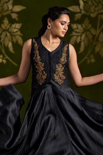 Buy_Almaari By Pooja Patel_Black Tussar, Silk Rohini Antique Embroidered Coat And Lehenga Set 