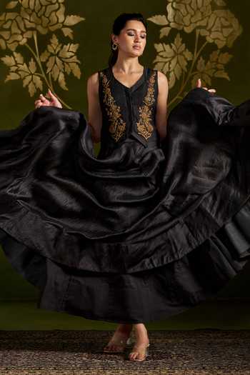 Shop_Almaari By Pooja Patel_Black Tussar, Silk Rohini Antique Embroidered Coat And Lehenga Set 