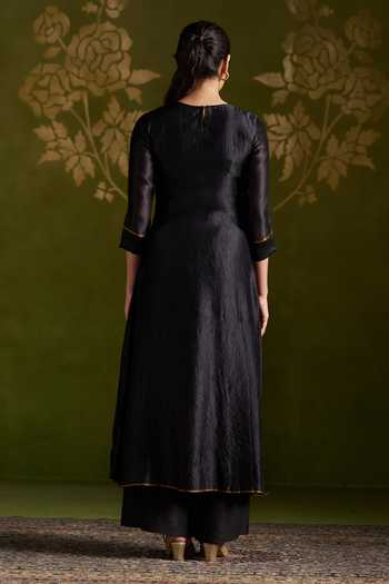 Shop_Almaari By Pooja Patel_Black Silk, Tussar Round Neck Romika Handmade Angarkha And Palazzo Set _at_Aza_Fashions