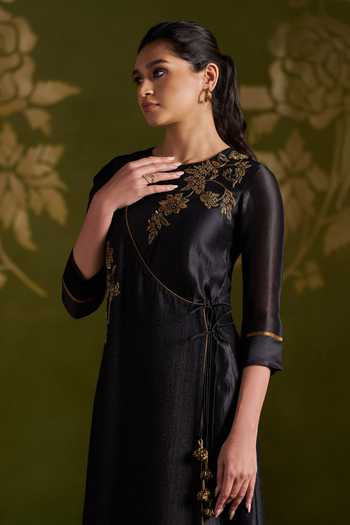 Buy_Almaari By Pooja Patel_Black Silk, Tussar Round Neck Romika Handmade Angarkha And Palazzo Set _Online_at_Aza_Fashions
