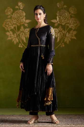 Shop_Almaari By Pooja Patel_Black Silk Keyhole Neck Rochira Pure Anarkali Set _Online_at_Aza_Fashions