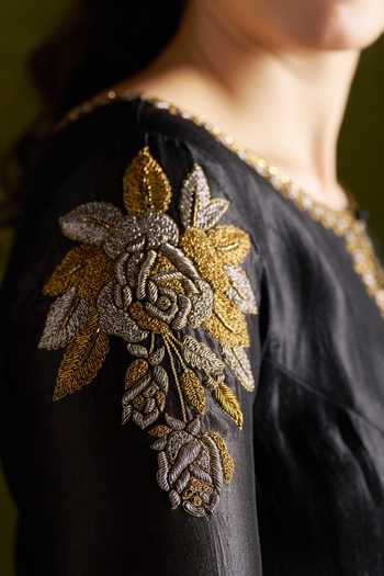 Shop_Almaari By Pooja Patel_Black Silk Keyhole Neck Rochira Pure Anarkali Set 