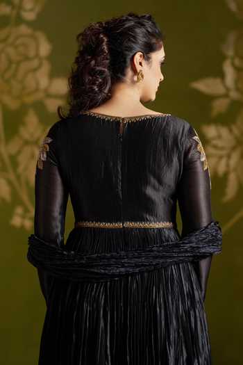 Shop_Almaari By Pooja Patel_Black Silk Keyhole Neck Rochira Pure Anarkali Set _Online