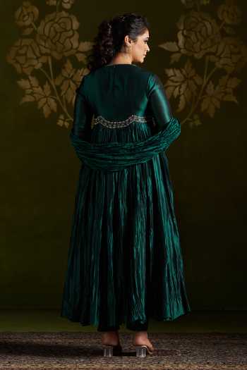 Shop_Almaari By Pooja Patel_Emerald Green Silk Round Neck Rohika Embroidered Anarkali Set _at_Aza_Fashions