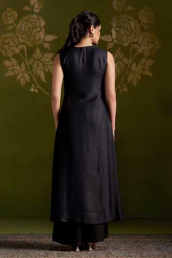 Shop_Almaari By Pooja Patel_Black Tussar, Silk Round Neck Roshmika Handmade Kurta And Pant Set _at_Aza_Fashions