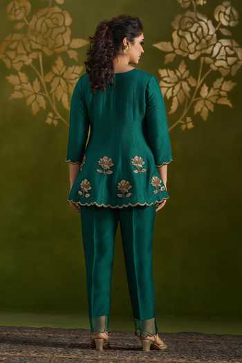 Shop_Almaari By Pooja Patel_Green Tussar, Silk Rohisha Handmade Top And Pant Set _at_Aza_Fashions
