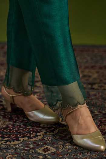 Buy_Almaari By Pooja Patel_Green Tussar, Silk Rohisha Handmade Top And Pant Set _Online_at_Aza_Fashions