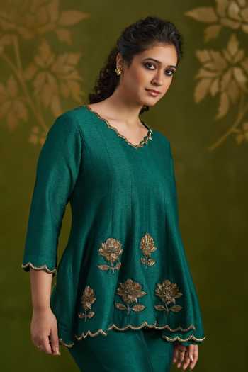 Shop_Almaari By Pooja Patel_Green Tussar, Silk Rohisha Handmade Top And Pant Set 