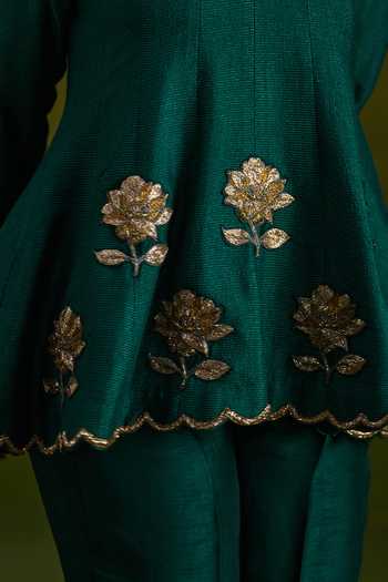 Almaari By Pooja Patel_Green Tussar, Silk Rohisha Handmade Top And Pant Set _Online