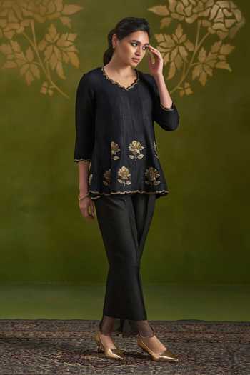 Shop_Almaari By Pooja Patel_Black Tussar, Silk Rohisha Handmade Top And Pant Set _Online_at_Aza_Fashions