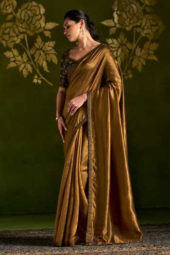 Buy_Almaari By Pooja Patel_Brown Silk Square Neck Roshmita Saree And Blouse Set _Online_at_Aza_Fashions