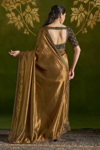 Shop_Almaari By Pooja Patel_Brown Silk Square Neck Roshmita Saree And Blouse Set _at_Aza_Fashions