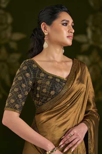 Shop_Almaari By Pooja Patel_Brown Silk Square Neck Roshmita Saree And Blouse Set _Online_at_Aza_Fashions