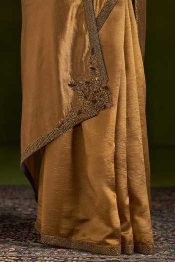 Almaari By Pooja Patel_Brown Silk Square Neck Roshmita Saree And Blouse Set _at_Aza_Fashions
