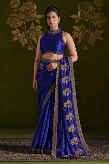 Almaari By Pooja Patel_Blue Silk High Neck Rohitha Embroidered Saree And Blouse Set _at_Aza_Fashions